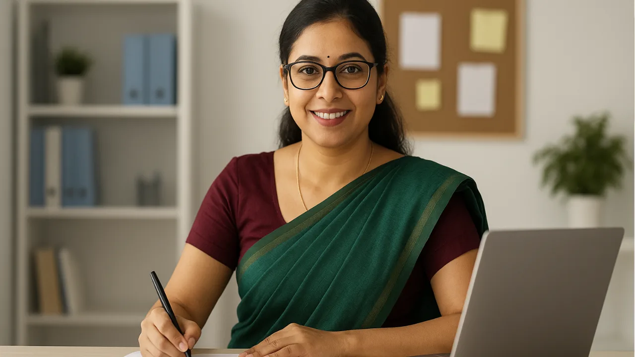 Indian woman preparing for government job exam at desk