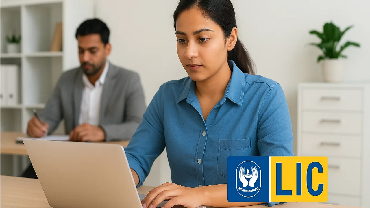 Woman working on laptop with LIC logo in office