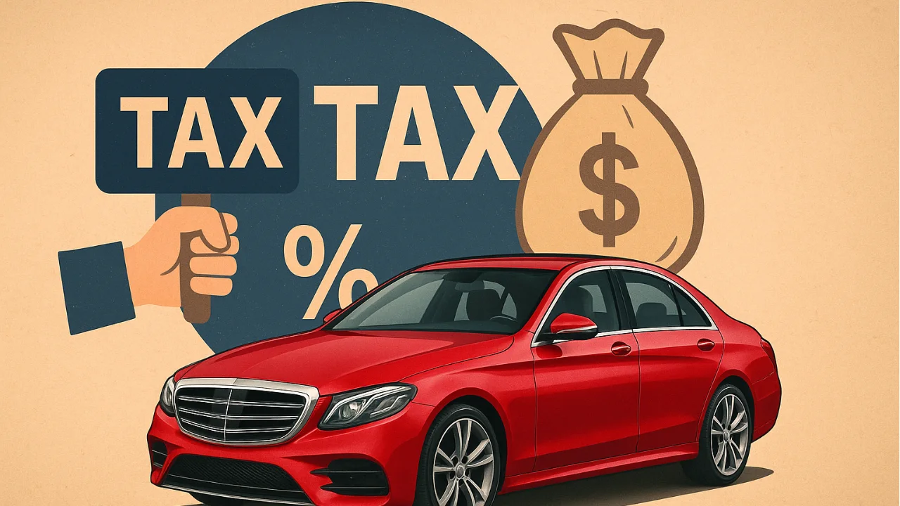 Red luxury car with tax and finance symbols in background