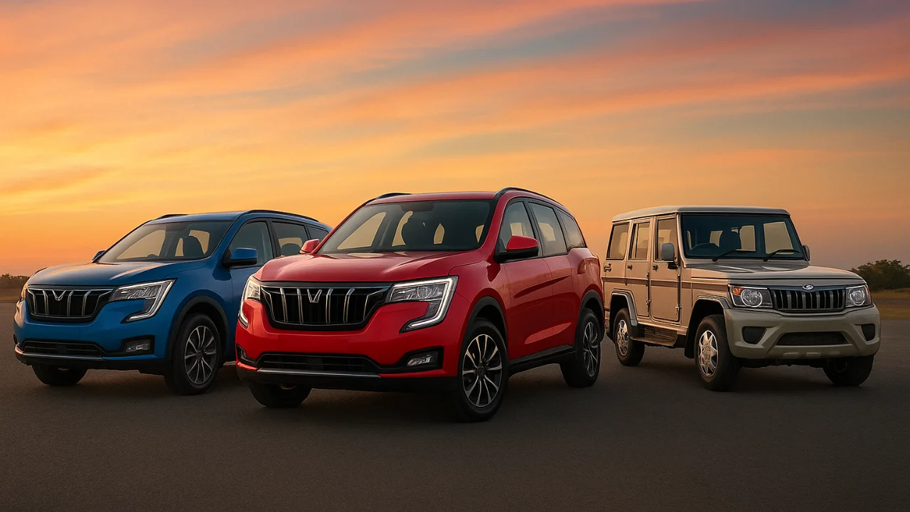 Three Mahindra SUVs lined up at sunset