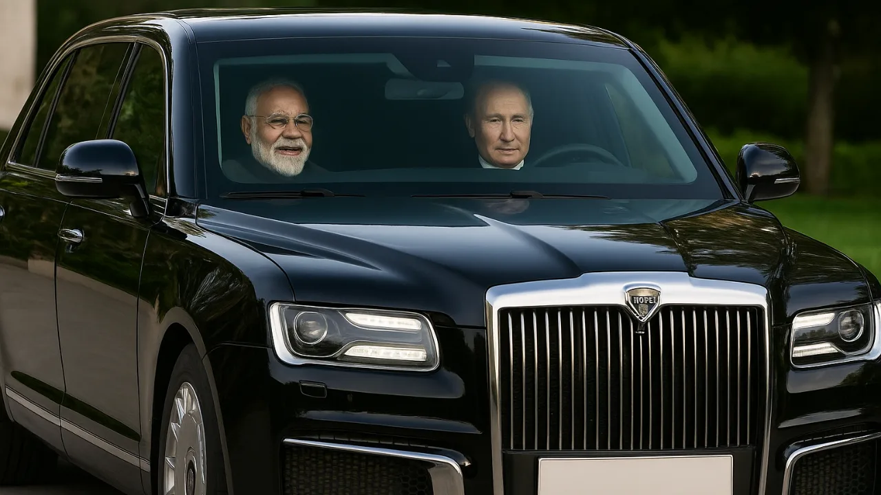 Modi and Putin inside Aurus Senat bulletproof car
