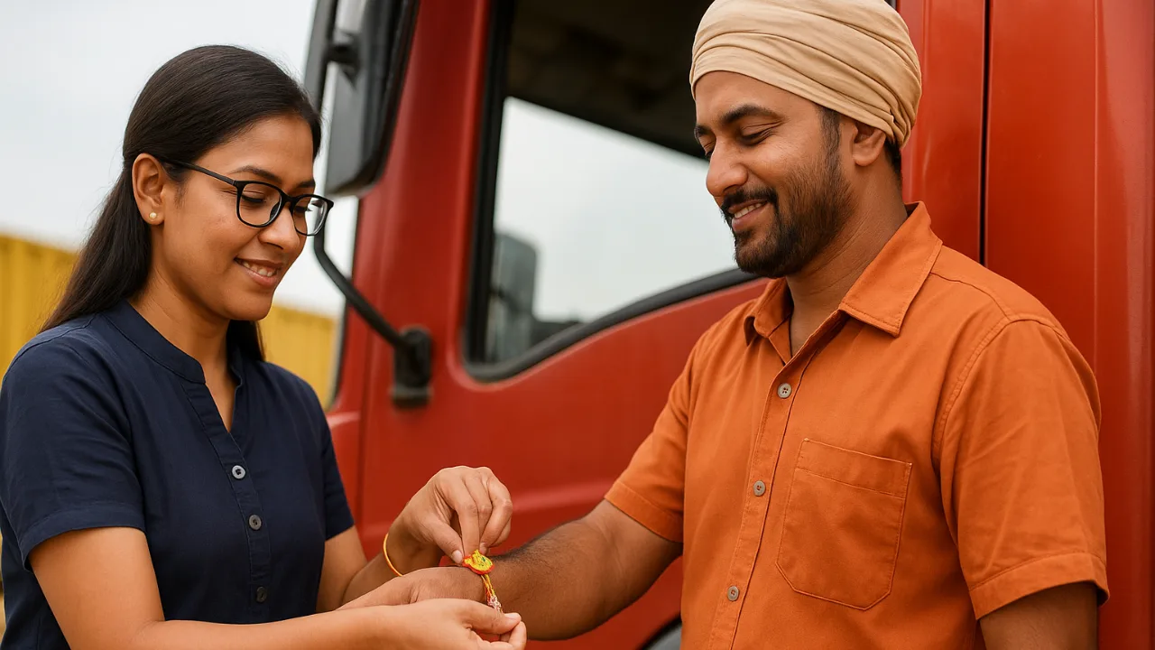 Woman tying Rakhi to a truck driver’s wrist during Raksha Bandhan