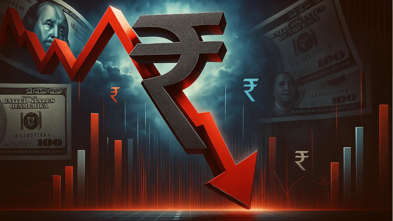 Falling Indian Rupee against US Dollar with downward graph