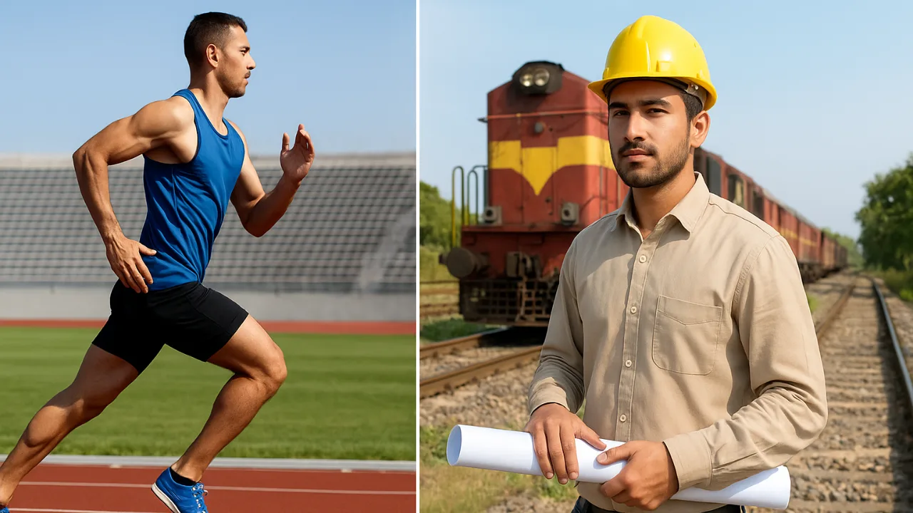 Athlete running on track and railway worker standing near train representing sports quota jobs in police and railway