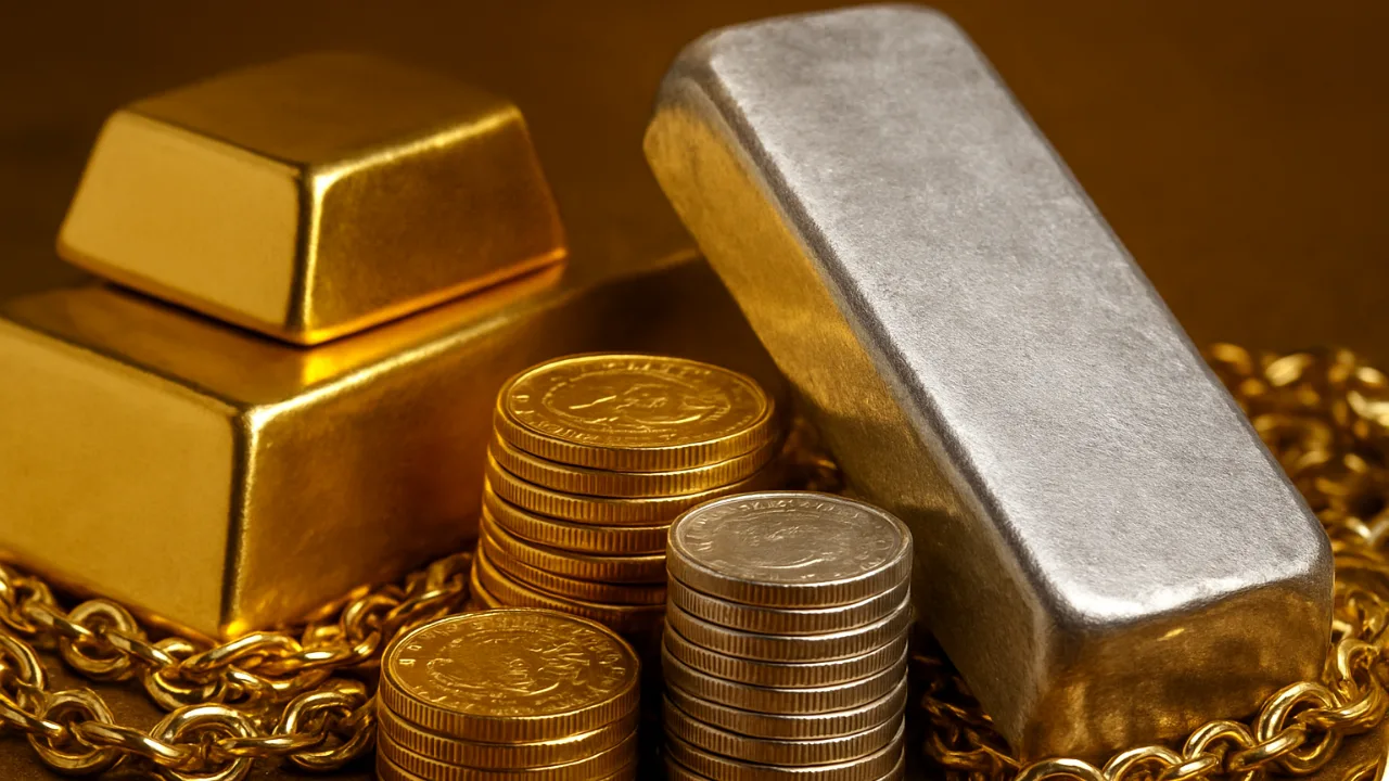 Close-up of gold and silver bars with stacked coins, symbolizing the recent surge in gold and silver prices and their role as a safe investment