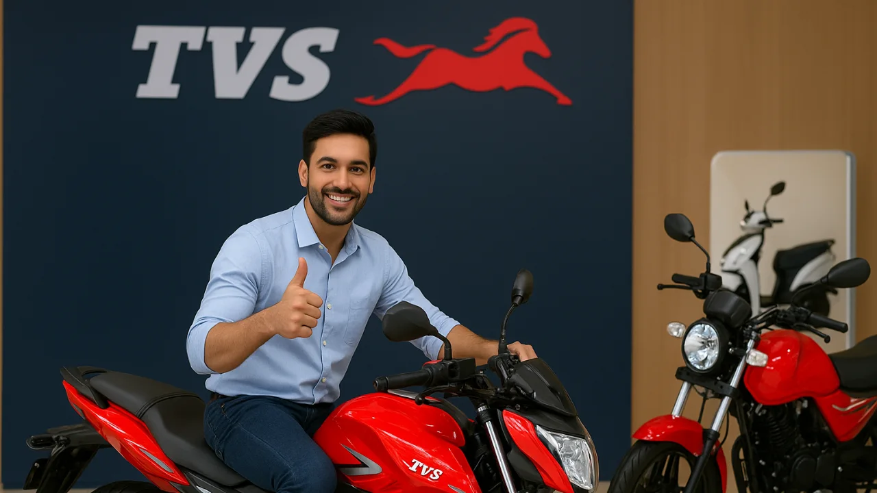 Young man posing on a red TVS motorcycle in showroom
