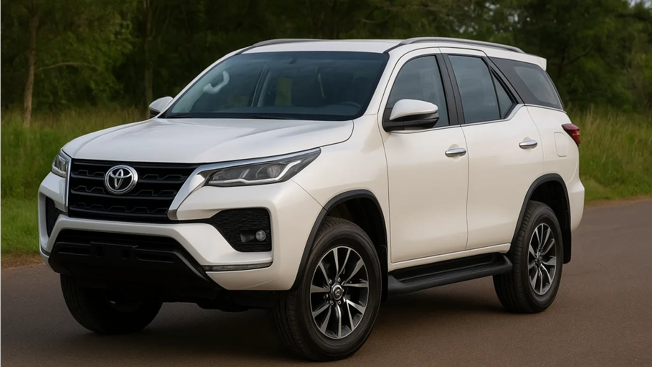 White Toyota Fortuner SUV on a road with greenery background