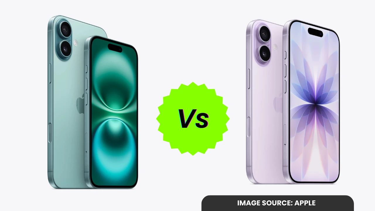 iPhone 16 and iPhone 17 side by side showing design and display differences